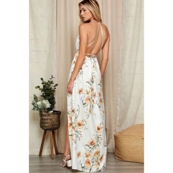 White Floral Print Halter Open Back Maxi Full Long Length Dress Gown W/ Slit - Picture 6 of 7
